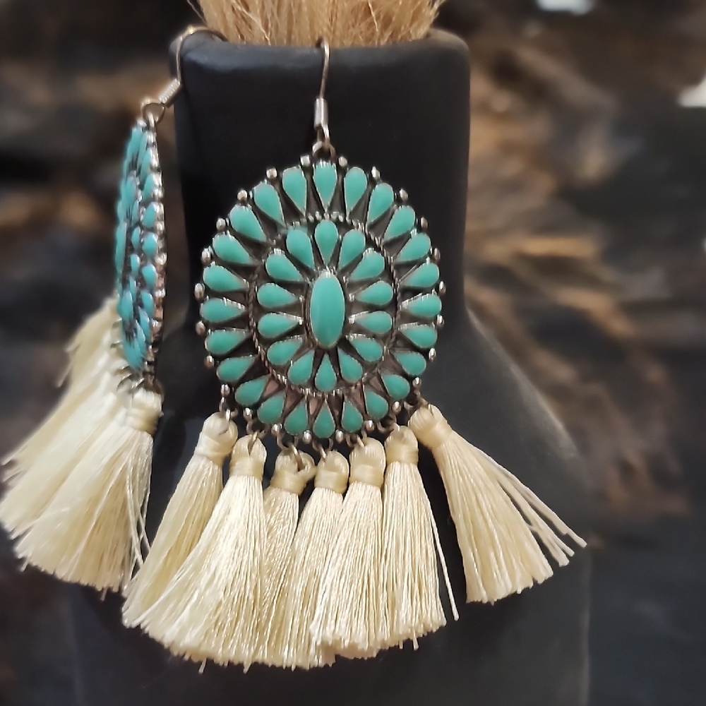 Elegant Turquoise and Cream Tassel Earrings